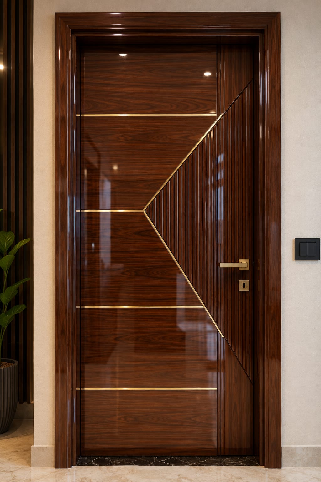 High gloss walnut door with brass inlay strips