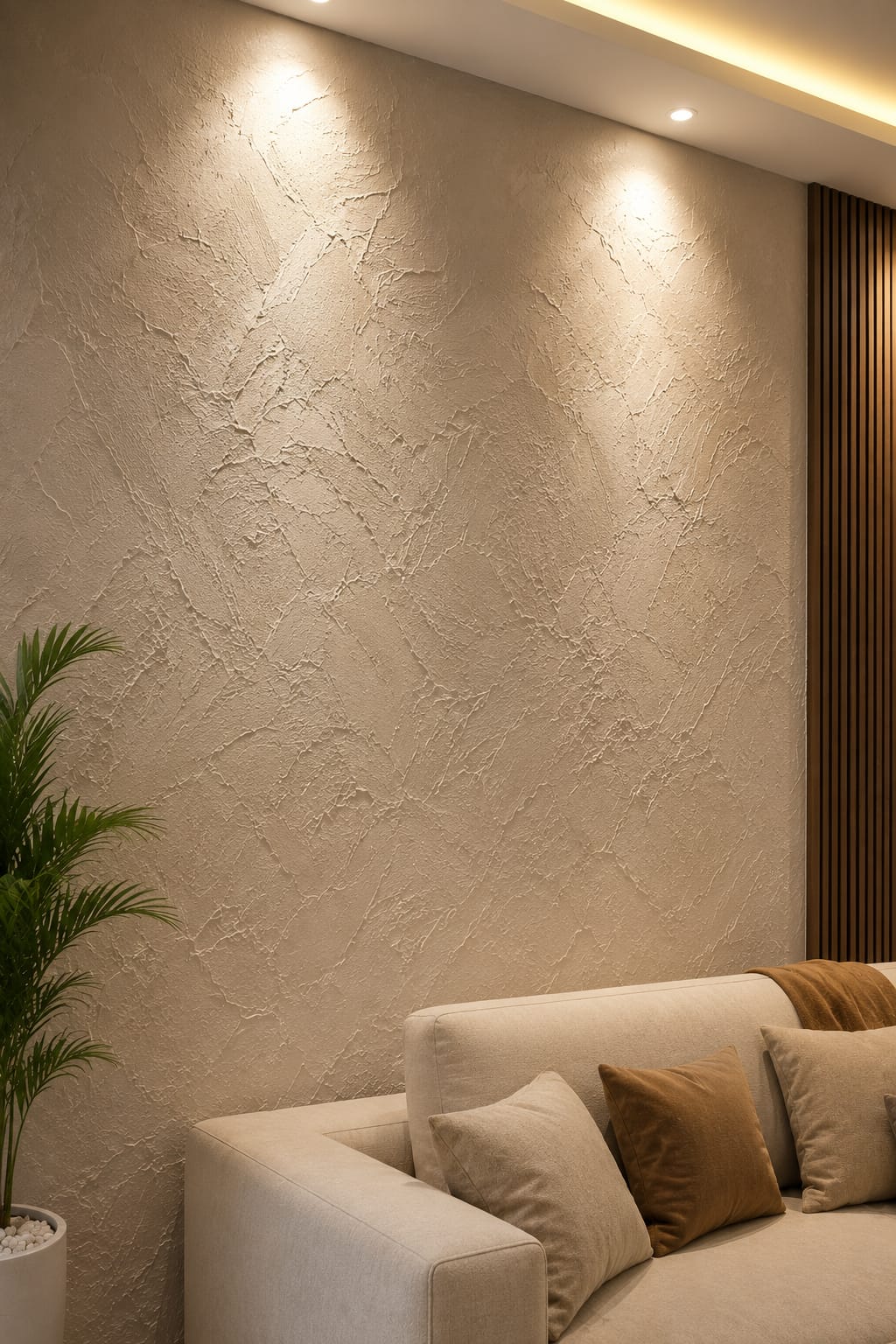 Beige Italian texture feature wall with wall wash lighting